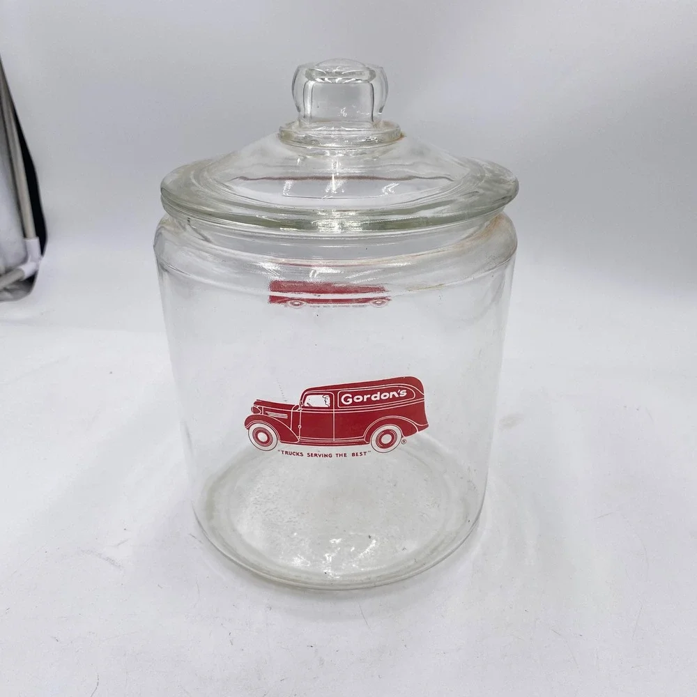 Gordons Potato Chips Vintage Glass Canister Jar Clear Red Truck Advertising SEO